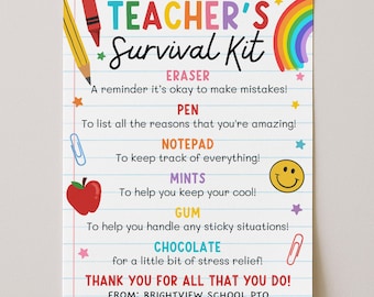 Teacher Survival Kit Tag For Teacher Appreciation Week, 1st Day Of School Teacher Gift Basket, End Of Year Gift, Edit With Canva