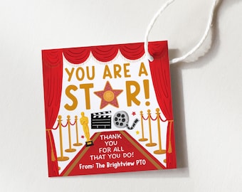 You're A Star Teacher Appreciation Tags, Hollywood Theme VIP Room Service Labels, Red carpet Tags For Nurse Staff, Edit With Canva