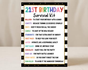 Etiqueta para kit de supervivencia para 21 cumpleaños, regalo divertido para amigos y compañeros de trabajo, humor sobre la vejez, etiquetas para bolsas de regalo con paquete de ayuda, edita con Canva