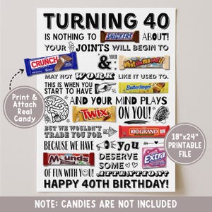 May include: A white printable sign with the text "TURNING 40" and humorous phrases. Candy bar graphics like Snickers, Crunch, and Twix are included. The sign is 18"x24" and says "NOTE: CANDIES ARE NOT INCLUDED".