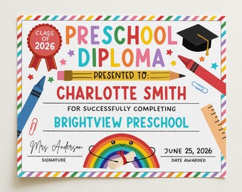 Preschool Diploma, Preschool Graduation Certificate Template Printable, Preschool Grad, Last Day Of School Preschool Award, Edit With Canva