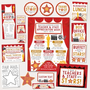 以下が含まれることがあります： 映画をテーマにした、印刷可能な教師感謝週間装飾のコレクション。サイン、賞、VIPルームサービスフォームが含まれています。赤、金、白の色と星とフィルムリールモチーフが特徴です。