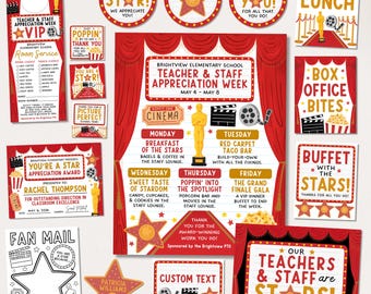 Filmthema Teacher Appreciation Week Decor, Hollywood rode loper flyer, borden, deurhanger, prijscertificaat, cadeaukaartjes, bewerken met canva