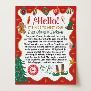 Puede incluir: Una carta navideña rectangular con borde rojo y estrellas doradas. El centro blanco presenta el texto Hello! IT'S NICE TO MEET YOU! Dear Olivia & Jackson, y un mensaje de Buddy el elfo, firmado Your Elf, Buddy, con un sello del Polo Norte.
