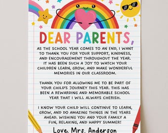 Carta de agradecimiento de los profesores a los padres, carta de fin de curso para imprimir, carta de despedida del último día de clase, editar con Canva.
