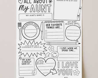 All About My Aunt Questionnaire Printable, Mothers Day Coloring Page Printable, Birthday Gift Card For Aunt, Digital Download
