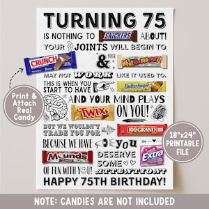 May include: A white printable sign with the text "TURNING 75" and humorous phrases. Candy bar images like Snickers, Crunch, and Twix are included. The sign is 18"x24" and says "Print & Attach Real Candy".