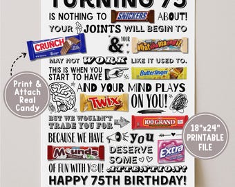 Póster imprimible de dulces para el 75 cumpleaños, tarjeta de felicitación de 75 cumpleaños (hazlo tú mismo), cartel para mesa de dulces "Nacido en 1951" para decoración de fiestas, descarga instantánea.