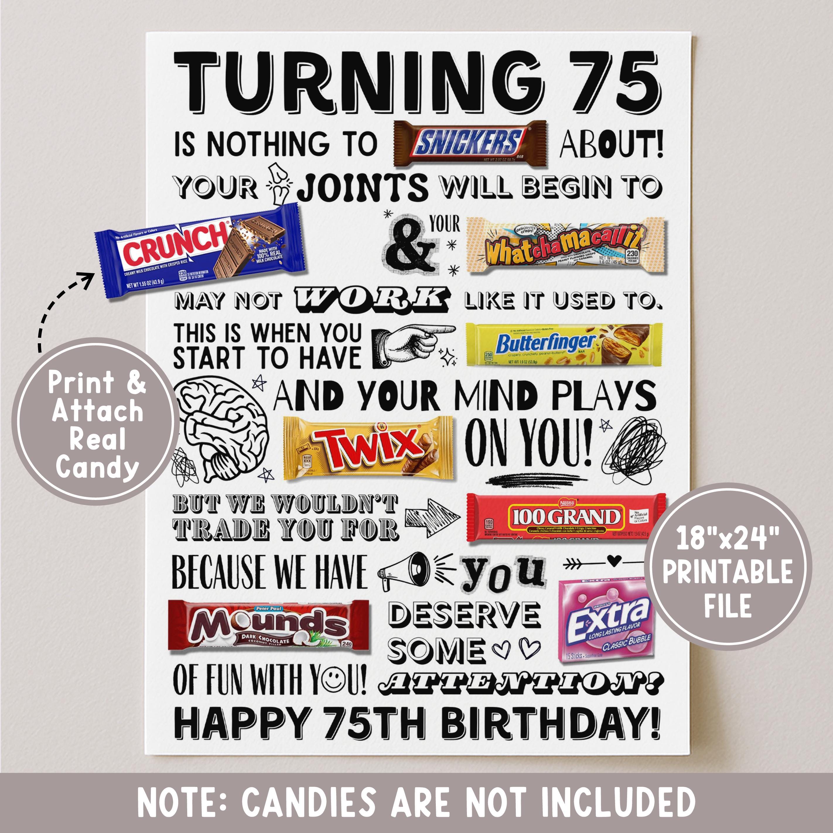 75th Birthday Candy Poster Printable, Turning 75 Candy Gram Card