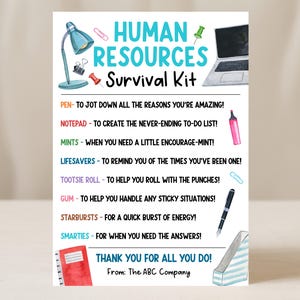 May include: A Human Resources Survival Kit card with illustrations of a desk lamp, laptop, and office supplies. The card includes a list of items like a pen, notepad, mints, Lifesavers, Tootsie Roll, gum, Starbursts, and Smarties. The text reads "Thank you for all you do!"