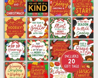 May include: A set of 20 Christmas gift tags with festive designs and punny holiday messages. Each tag features a unique graphic and text, including phrases like "Merry Christmas," "You are one of a kind," and "Happy Holidays."