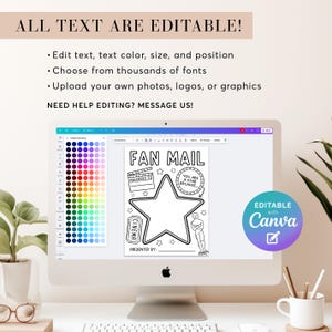 May include: A computer monitor displays a customizable "Fan Mail" template with a star-shaped design. The screen shows editable text options, color palettes, and the Canva logo. Text on the screen includes "ALL TEXT ARE EDITABLE!" and "EDITABLE with Canva."