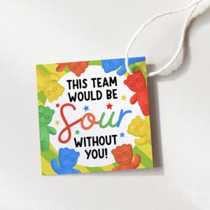 Könnte beinhalten: Ein quadratisches Geschenk-Etikett mit weißer Schnur. Das Etikett zeigt ein farbenfrohes Design mit dem Text "THIS TEAM WOULD BE Sour WITHOUT YOU!" umgeben von Gummibärchen-Figuren in Rot, Blau, Grün und Gelb.