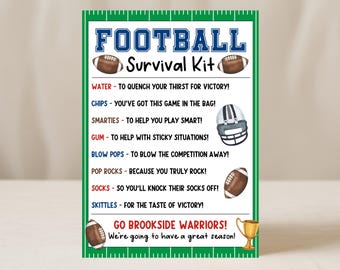 Football Survival Kit Tag, Game Day Team Coach Gift, Editable Sports Tryouts Camp Treat Favor Bag Printable, Edit With Canva