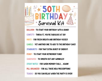 50th Birthday Survival Kit Tag, Funny Gag Gift For Friends, Over The Hill Old Age Humor, Care Package Birthday Favor Tags, Edit With Canva
