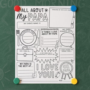 May include: A black and white fill-in-the-blank poster with the text "ALL ABOUT MY PAPA". The poster has spaces to write about Papa's name, favourite food, job, and more. It is held in place by red, blue, green, and yellow magnets.