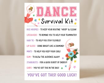 Dance Survival Kit Tag Printable, Dance Recital Gift, Ballerina Favor Tag, Dancer Candy Survival Kit Goodie Bags, Instant Download