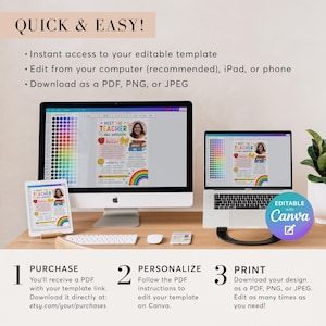 May include: A digital Meet the Teacher template displayed on a desktop computer, laptop, and tablet screen. The template features colorful school-themed graphics, text fields for teacher information, and a circular badge stating Editable with Canva.