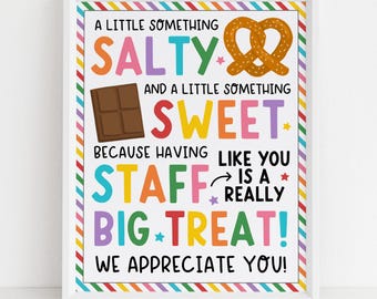 Letrero de agradecimiento dulce y salado, Día de agradecimiento a profesores y personal con pretzels de chocolate, Póster de agradecimiento con dulces, Descarga digital