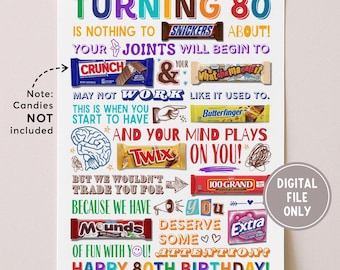 Póster imprimible de dulces para 80 cumpleaños, tarjeta de Candy Gram DIY para celebrar los 80, letrero de mesa de dulces "Nacido en 1945" para decoración de fiestas, descarga instantánea