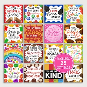 May include: A collection of 25 colorful gift tags with various pun-filled messages and candy illustrations. The tags feature phrases like "You deserve a break!" and "You are one kind." A pink circle indicates the set includes 25 tags.