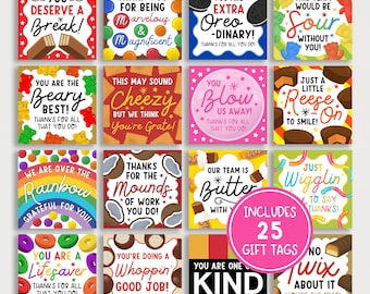 Tags voor snack en snoep traktatie voor werknemer, leraar, personeel, verpleegkundige waarderingsweek afdrukbaar, 25 ontwerpen, direct downloaden