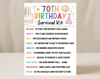 Etiqueta para kit de supervivencia para 70 cumpleaños, regalo divertido para amigos, humor sobre la vejez, etiquetas para regalos de cumpleaños, edita con Canva