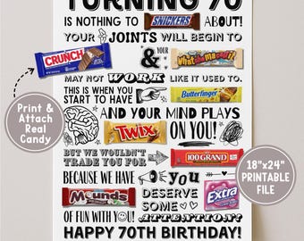 Póster imprimible de dulces para el 70 cumpleaños, tarjeta divertida de dulces de última hora para "Nacido en 1956", letrero para barra de dulces para decoraciones de fiesta, descarga instantánea.