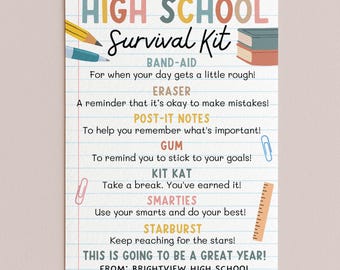 High School Survival Kit Tag, Back To School Gifts For Students, End Of Year Gift, First Day Of School, Edit With Canva