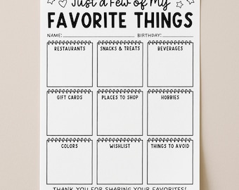 Plantilla de hoja de cosas favoritas del empleado, cuestionario para profesores imprimible, lista de cumpleaños de mis cosas favoritas, editar con Canva