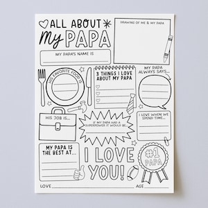May include: A black and white fill-in Father's Day card with the text "ALL ABOUT MY PAPA". It has spaces for drawings, favourite things, and a message of love. A fun gift for Dad.
