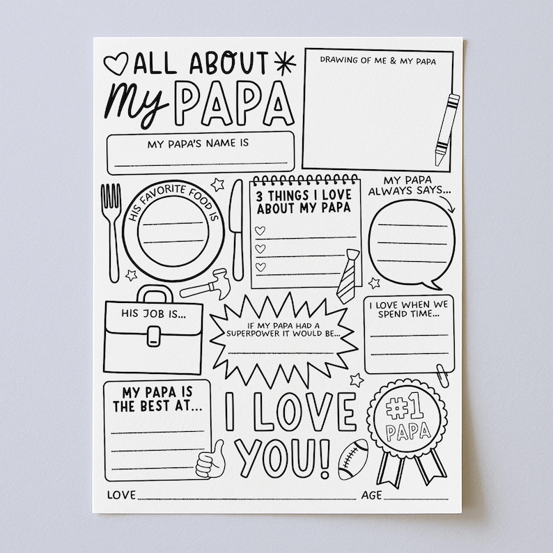 May include: A black and white fill-in Father's Day card with the text "ALL ABOUT MY PAPA". It has spaces for drawings, favourite things, and a message of love. A fun gift for Dad.