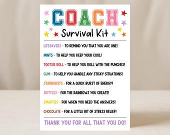 Coach Survival Kit tag afdrukbare, coach waardering geschenken, assistent dans sportcoach traktatie tassen gunst Tags, Instant Download