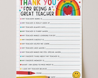 All About My Teacher Worksheet, Teacher Appreciation Coloring Page Worksheet, End Of School Year Thank You Gift, Digital Download