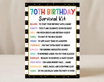 Etiqueta para kit de supervivencia para 70 cumpleaños, regalo de broma divertido para nacidos en 1955, humor sobre la vejez, etiquetas para bolsas de regalo con paquete de ayuda, edición con Canva