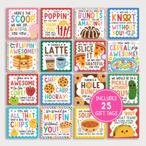 May include: A collection of 25 colorful gift tags with various food-themed illustrations and pun-filled phrases. Each tag features a different design, including ice cream, popcorn, pancakes, pizza, cookies, donuts, and more. The tags are square-shaped with a variety of colors.