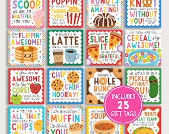 Paquete de 25 etiquetas de agradecimiento para comida, etiquetas de regalo de agradecimiento para maestros, enfermeras y personal, imprimibles de agradecimiento para empleados, 25 diseños, descarga digital