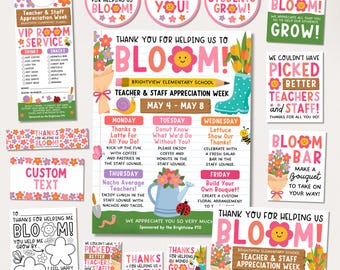 Bloementhema Teacher Appreciation Week, flyer met routebeschrijving, borden, deurhanger, cadeaukaartjes, etiketten voor voedseltenten, cupcaketoppers, bewerken met canvas