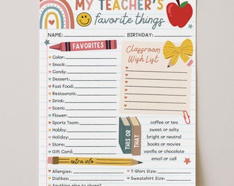 Sjabloon lijst met favoriete dingen voor docenten Boho-sjabloon, vragenlijst voor docenten afdrukbaar, alles over mijn leraar-klasenquête, bewerken met Canva