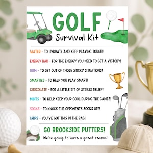Etiqueta para kit de supervivencia de golf, etiquetas de regalo para jugadores y entrenadores de golf, etiqueta de refrigerio para golfistas, bolsa de regalo de supervivencia para campamentos de golf, edita con Canva