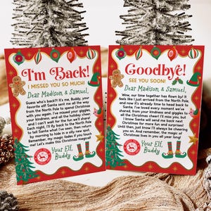 Könnte beinhalten: Zwei rechteckige Weihnachtskarten mit rotem Rand, verziert mit Lebkuchenmännern, Elfenmützen und Ornamenten. Die linke Karte trägt die Aufschrift I'm Back!, die rechte Goodbye! Beide enthalten den Text Dear Madison & Samuel sowie North Pole Express Mail-Stempel.