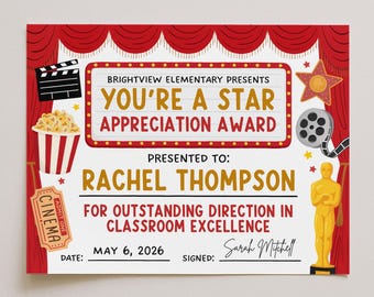 May include: A red and white appreciation award certificate with a theater theme. The certificate includes text that reads "You're a Star Appreciation Award" and "Rachel Thompson". The certificate has a movie reel, popcorn, and an Oscar statue.