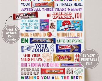 Retirement Candy Bar Poster Printable, Funny Retirement Gifts,  Candy Gram Card, Candy Bar Sign For Teacher Nurse Coworker, Digital Download
