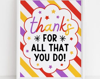 Leraar werknemer waardering week dag teken, bedankt voor alles wat je doet snack snoep traktatie poster voor personeel teamkantoor, digitale download