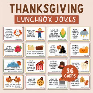 36 Thanksgiving Lunchbox Jokes for Kids, Printable Fall Lunchbox Cards, Funny Thanksgiving Puns Lunch Box Notes, Digital Download