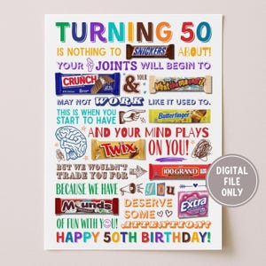 50th Birthday Candy Poster Printable, Turning 50 Candy Gram Card DIY, Born in 1975 Candy Table Sign For Party Decor, Instant Download