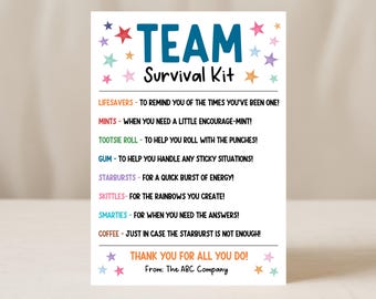 Team Survival Kit-tag, cadeau werknemer waardering dag, bewerkbare collega bedanktag afdrukbaar, bedankzakje snoep traktatie, bewerken met canvas
