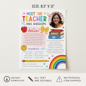 May include: An 8.5" x 11" Meet the Teacher flyer template featuring a colorful design with a photo placeholder, a red apple, a yellow bow, a rainbow, and text sections for personal information, favorites, and contact details on a lined paper background.