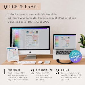 May include: A digital template displayed on a desktop computer, laptop, and tablet. The template is for a "All About My Coworker" questionnaire. The image includes the text "Quick & Easy!" and instructions for purchase, personalization, and printing.