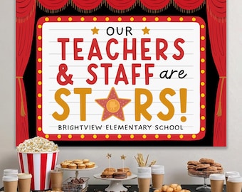 Banner imprimible para la Semana de Agradecimiento al Maestro, póster con temática de películas de Hollywood, plantilla VIP para la Semana del Maestro con alfombra roja, edita con Canva